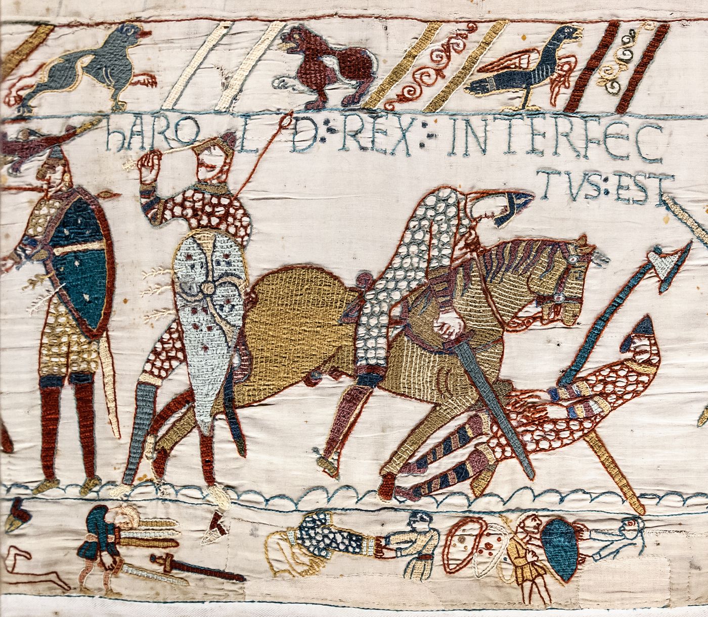 Scene 57 of the Bayeux Tapestry: the fallen golden dragon standard beside King Harold at the Battle of Hastings, 1066